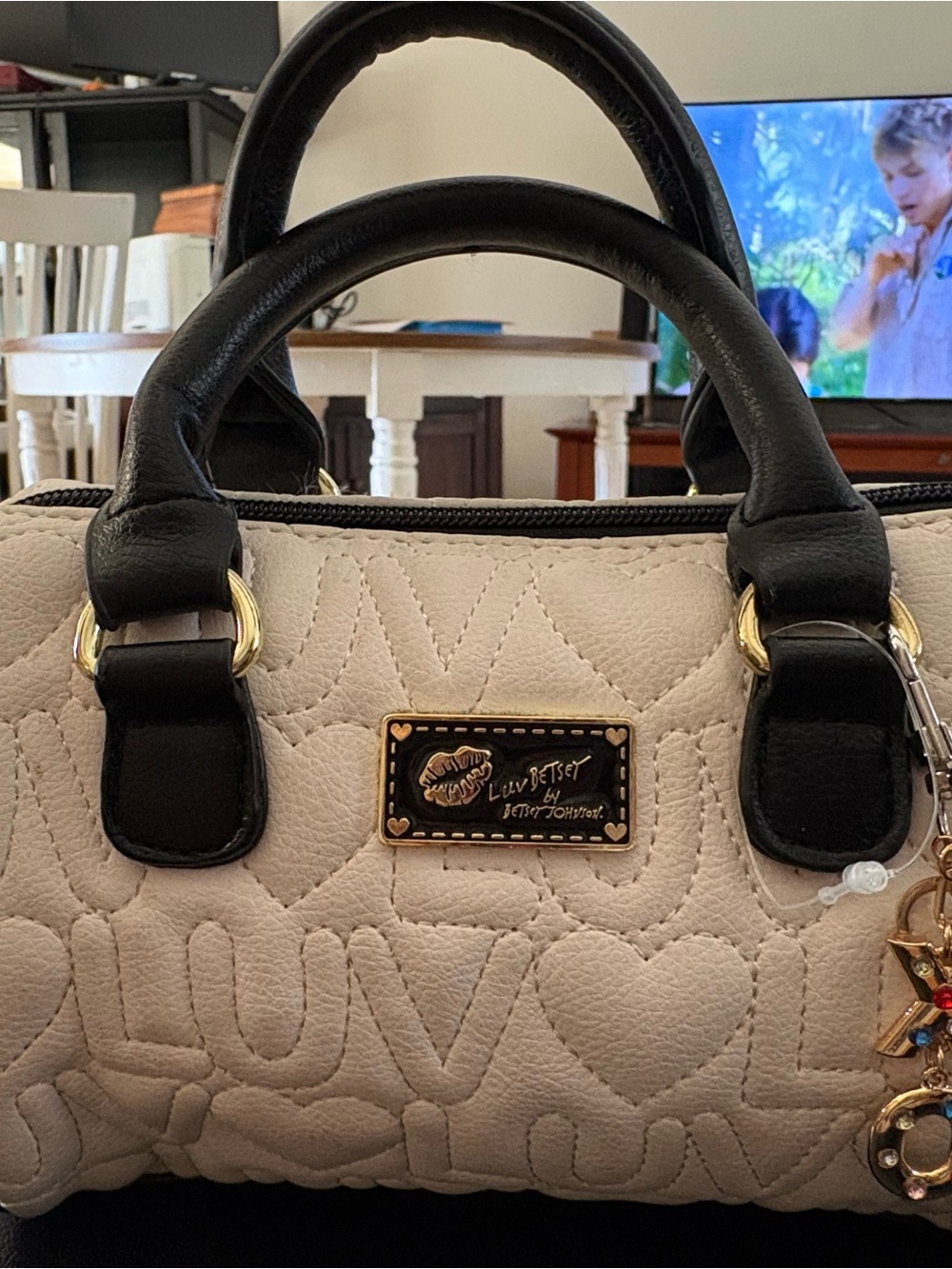 Betsey Johnson Cream Quilted Shoulder Bag with Black Trim